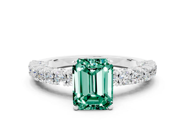 Silver Emerald Cut Diamond Pavé Band Solitaire Ring with Prong Setting