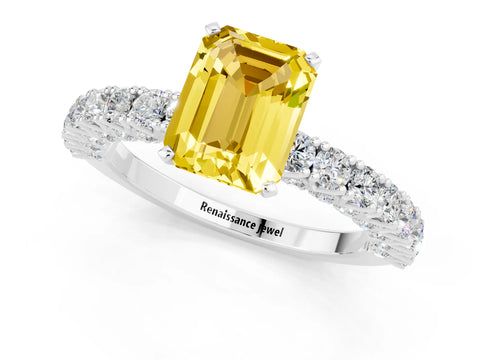 White gold Emerald Cut Diamond Pavé Band Solitaire Ring with Prong Setting_1