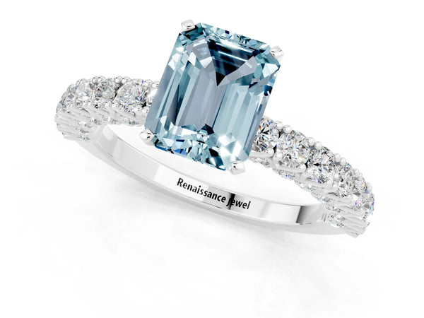 White gold Emerald Cut Diamond Pavé Band Solitaire Ring with Prong Setting