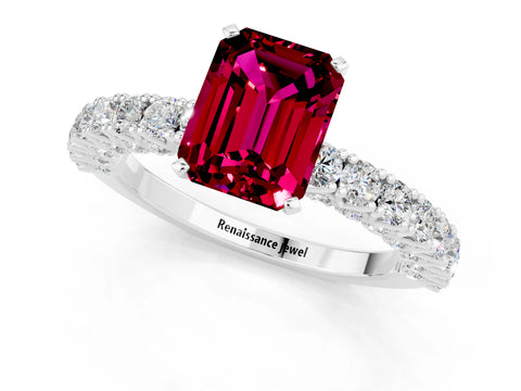 White gold Emerald Cut Diamond Pavé Band Solitaire Ring with Prong Setting_1