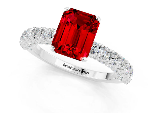 Silver Emerald Cut Diamond Pavé Band Solitaire Ring with Prong Setting