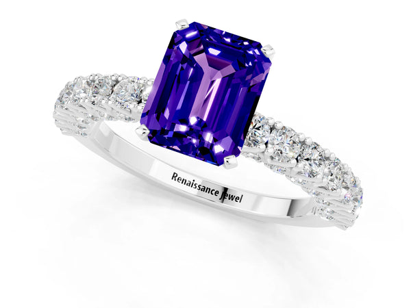 Platinum Emerald Cut Diamond Pavé Band Solitaire Ring with Prong Setting