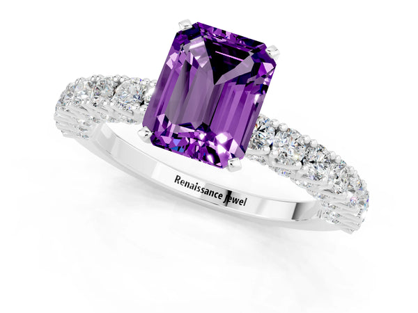 White gold Emerald Cut Amethyst Solitaire Ring with Round Accent Pavé Band and Prong Setting