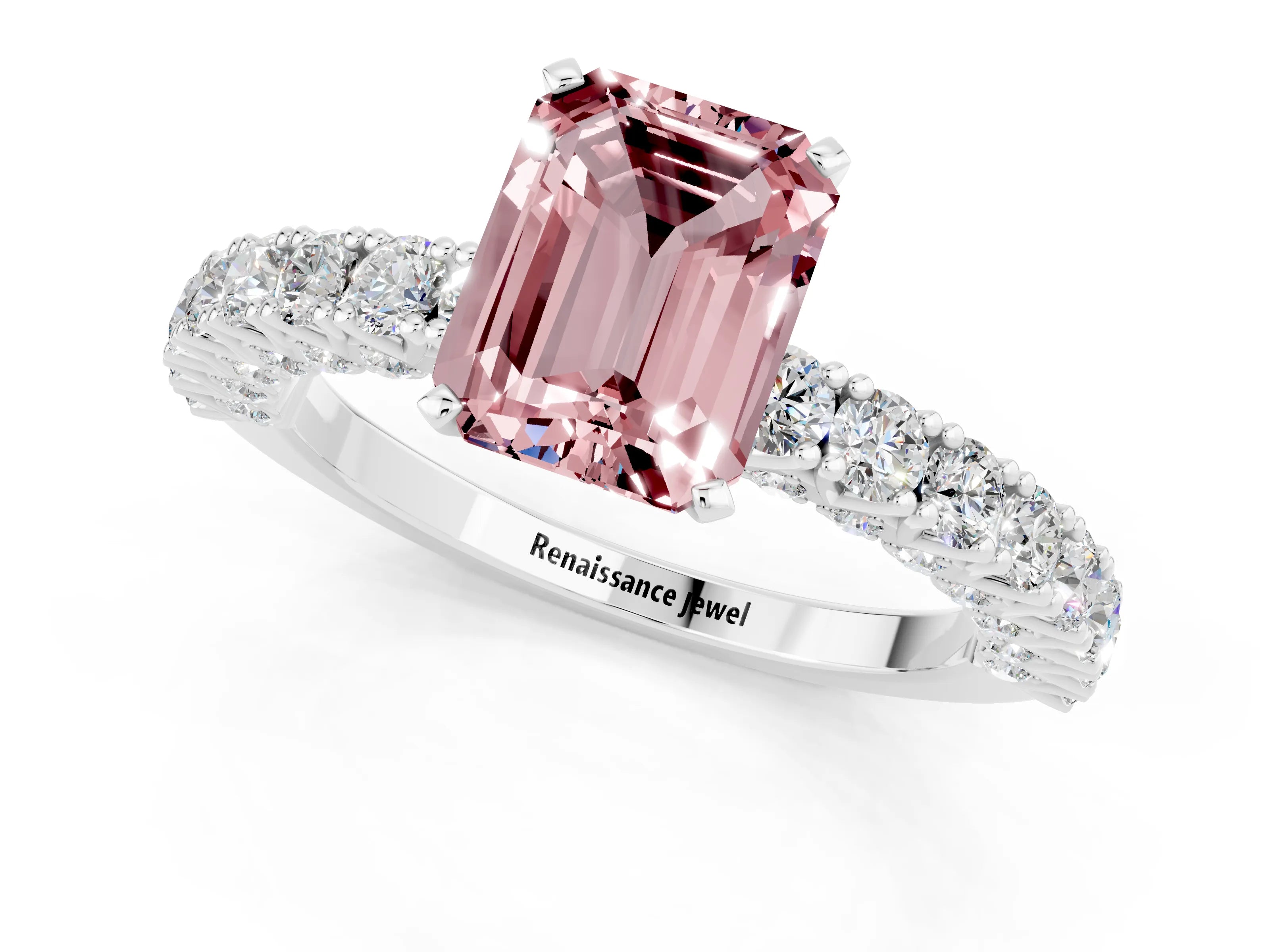 White gold Emerald Cut Diamond Pavé Band Solitaire Ring with Prong Setting_1