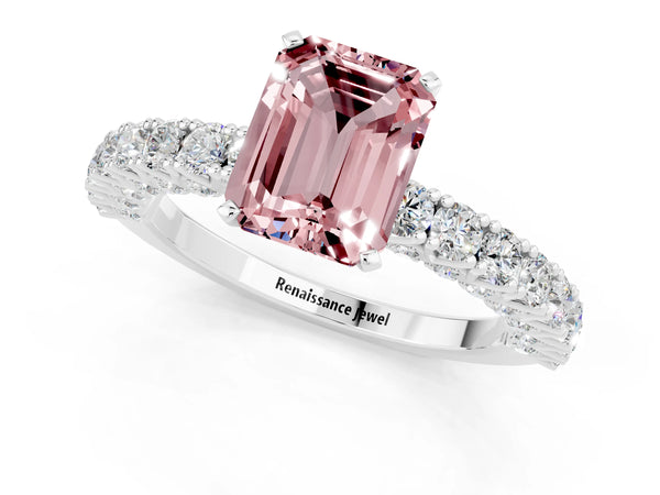 Platinum Emerald Cut Diamond Pavé Band Solitaire Ring with Prong Setting