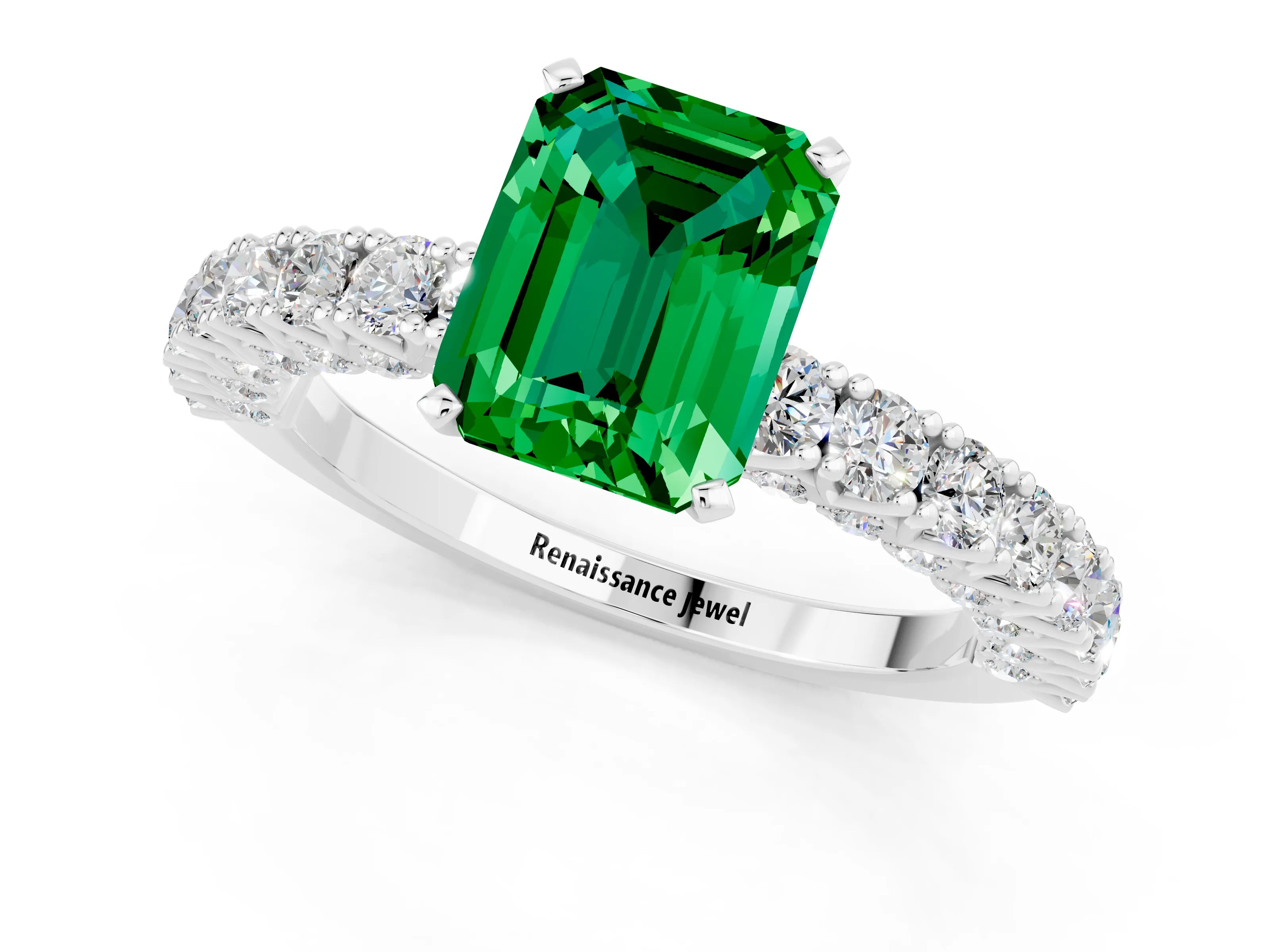 White gold Emerald Cut Diamond Pavé Band Solitaire Ring with Prong Setting_1