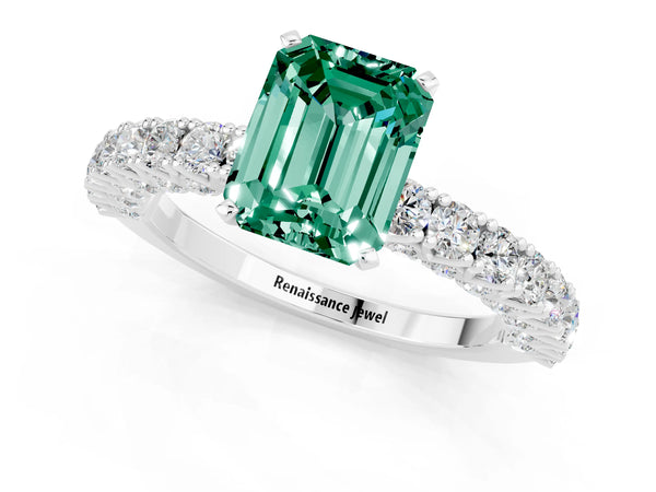 White gold Emerald Cut Diamond Pavé Band Solitaire Ring with Prong Setting