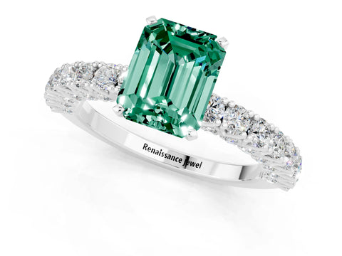 White gold Emerald Cut Diamond Pavé Band Solitaire Ring with Prong Setting_1