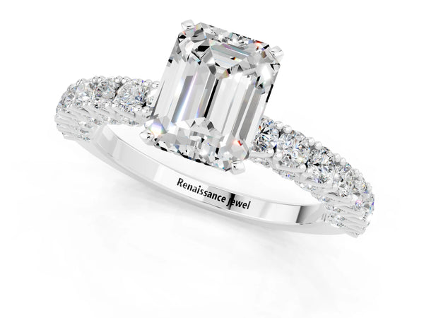 White gold Emerald Cut Diamond Pavé Band Solitaire Ring with Prong Setting