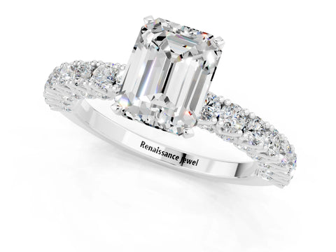 White gold Emerald Cut Diamond Pavé Band Solitaire Ring with Prong Setting_1