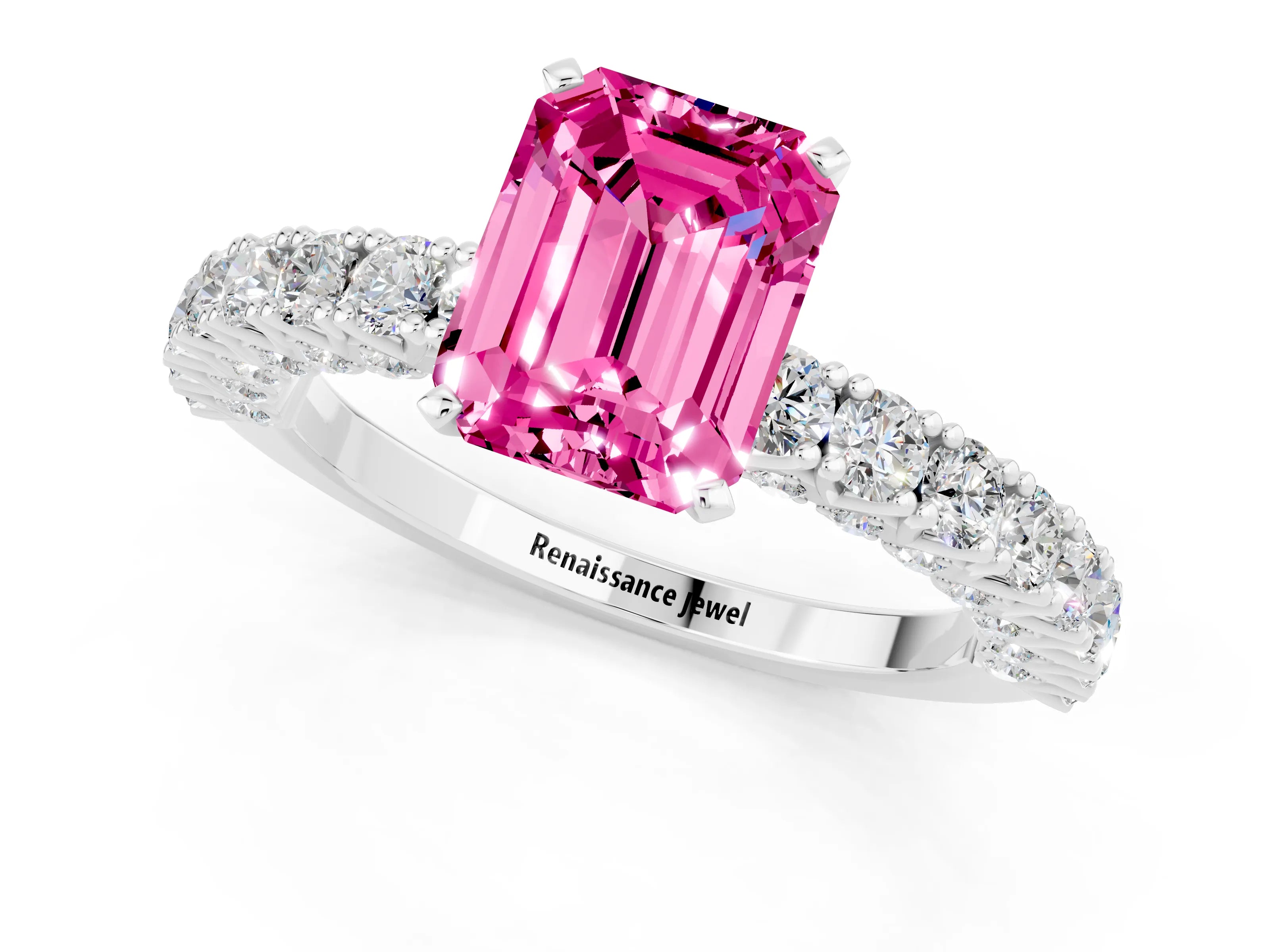 White gold Emerald Cut Diamond Pavé Band Solitaire Ring with Prong Setting_1