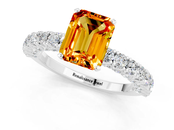 Platinum Emerald Cut Diamond Pavé Band Solitaire Ring with Prong Setting
