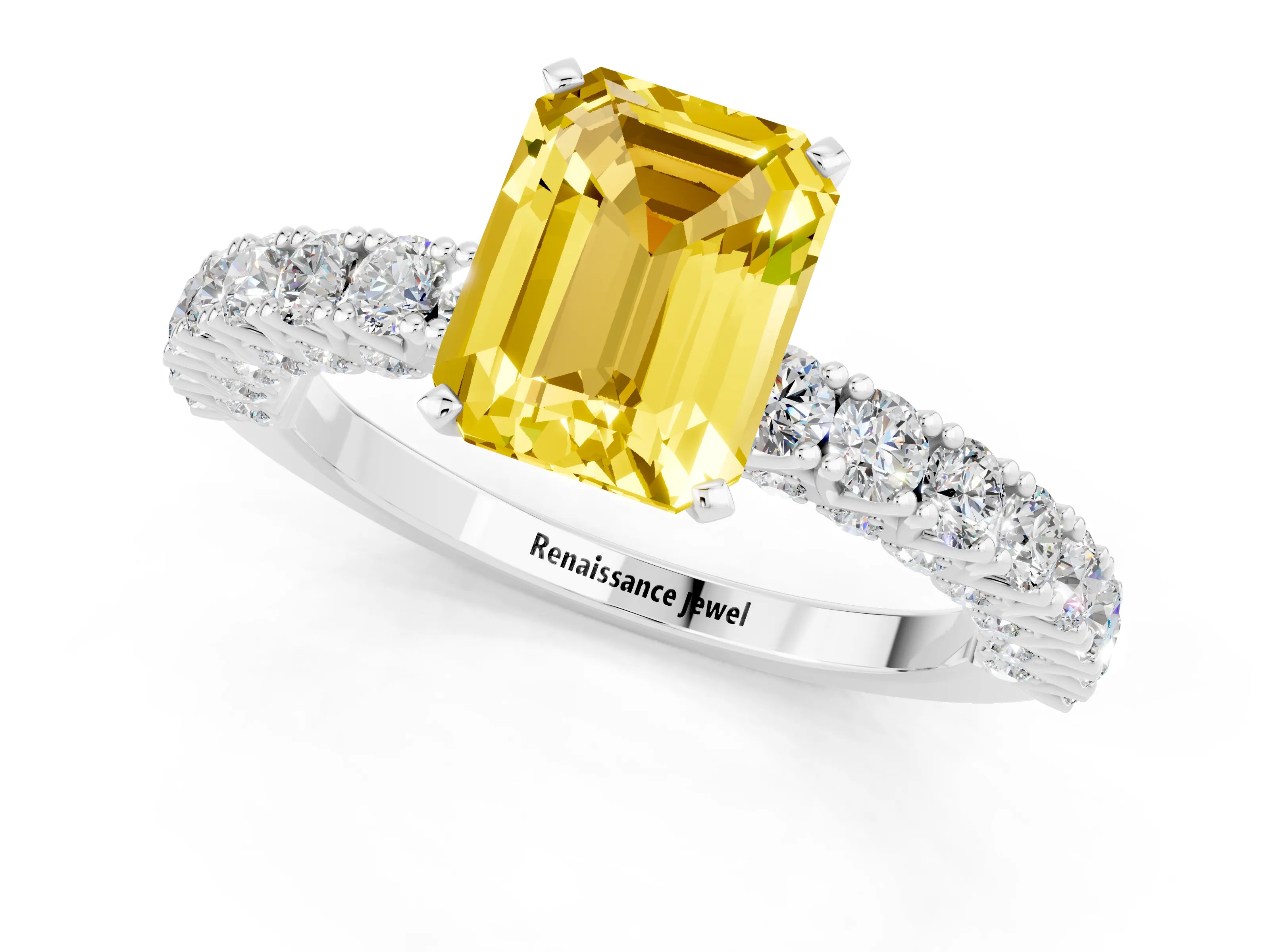 White gold Emerald Cut Diamond Pavé Band Solitaire Ring with Prong Setting_1