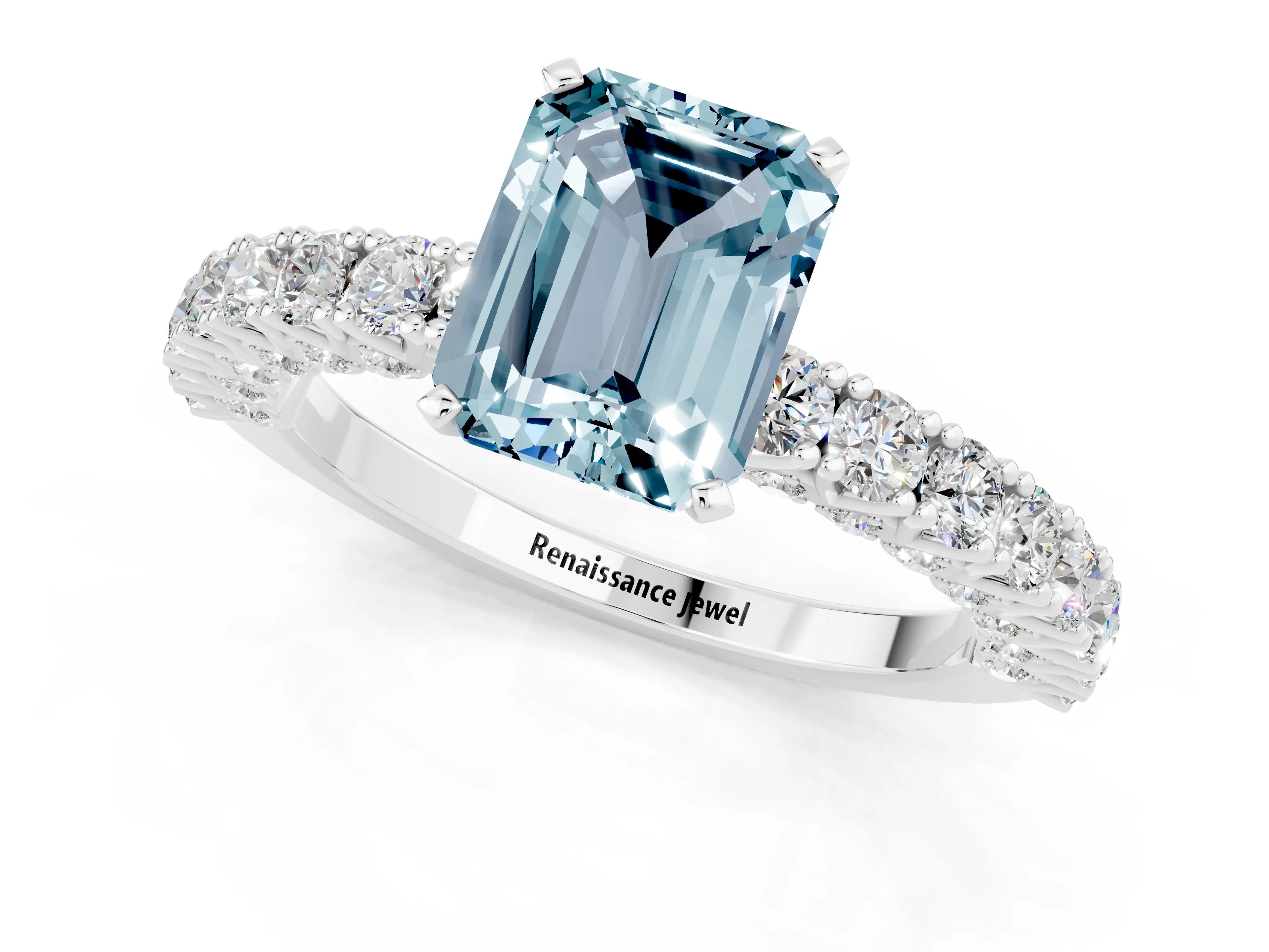 White gold Emerald Cut Diamond Pavé Band Solitaire Ring with Prong Setting_1