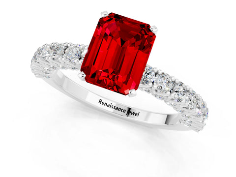 White gold Emerald Cut Diamond Pavé Band Solitaire Ring with Prong Setting_1