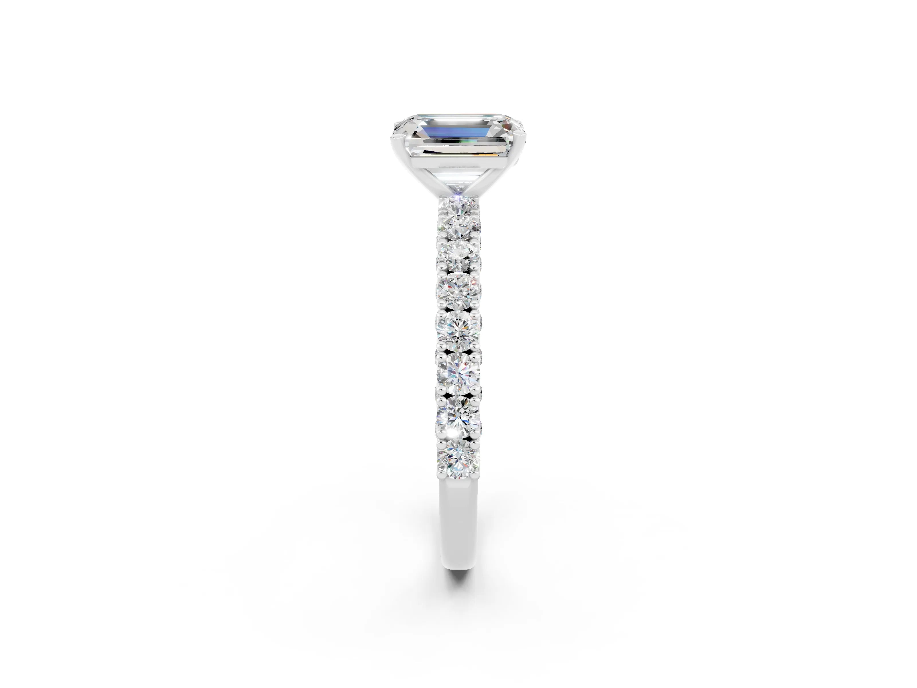 White gold Emerald Cut Diamond Pavé Band Solitaire Ring with Prong Setting_2