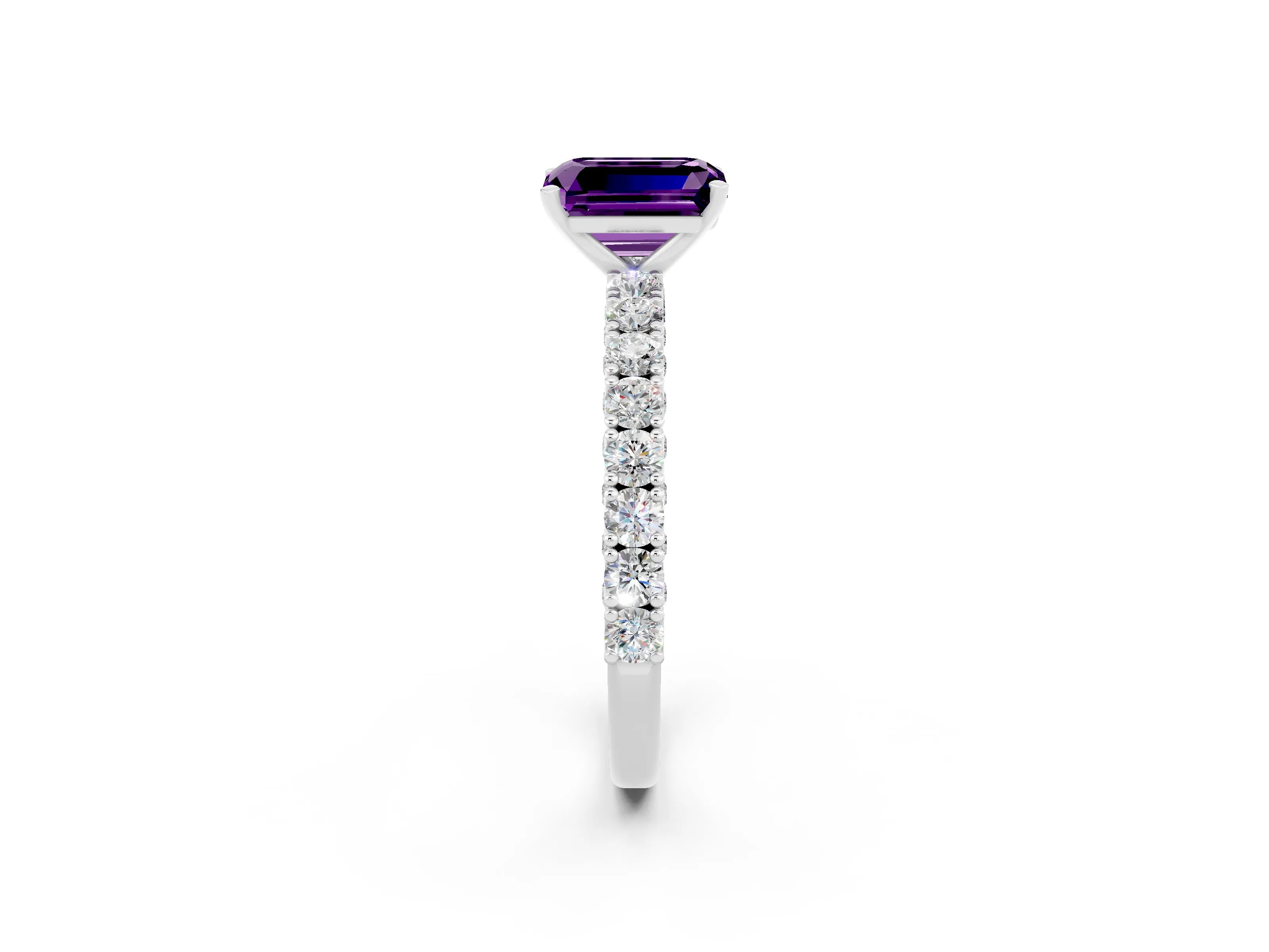 White gold Emerald Cut Diamond Pavé Band Solitaire Ring with Prong Setting_2
