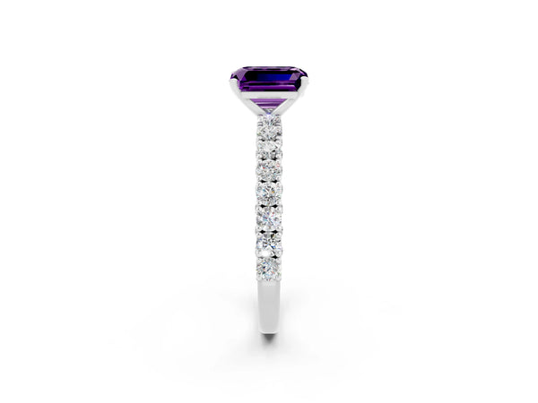 Silver Emerald Cut Amethyst Solitaire Ring with Round Accent Pavé Band and Prong Setting