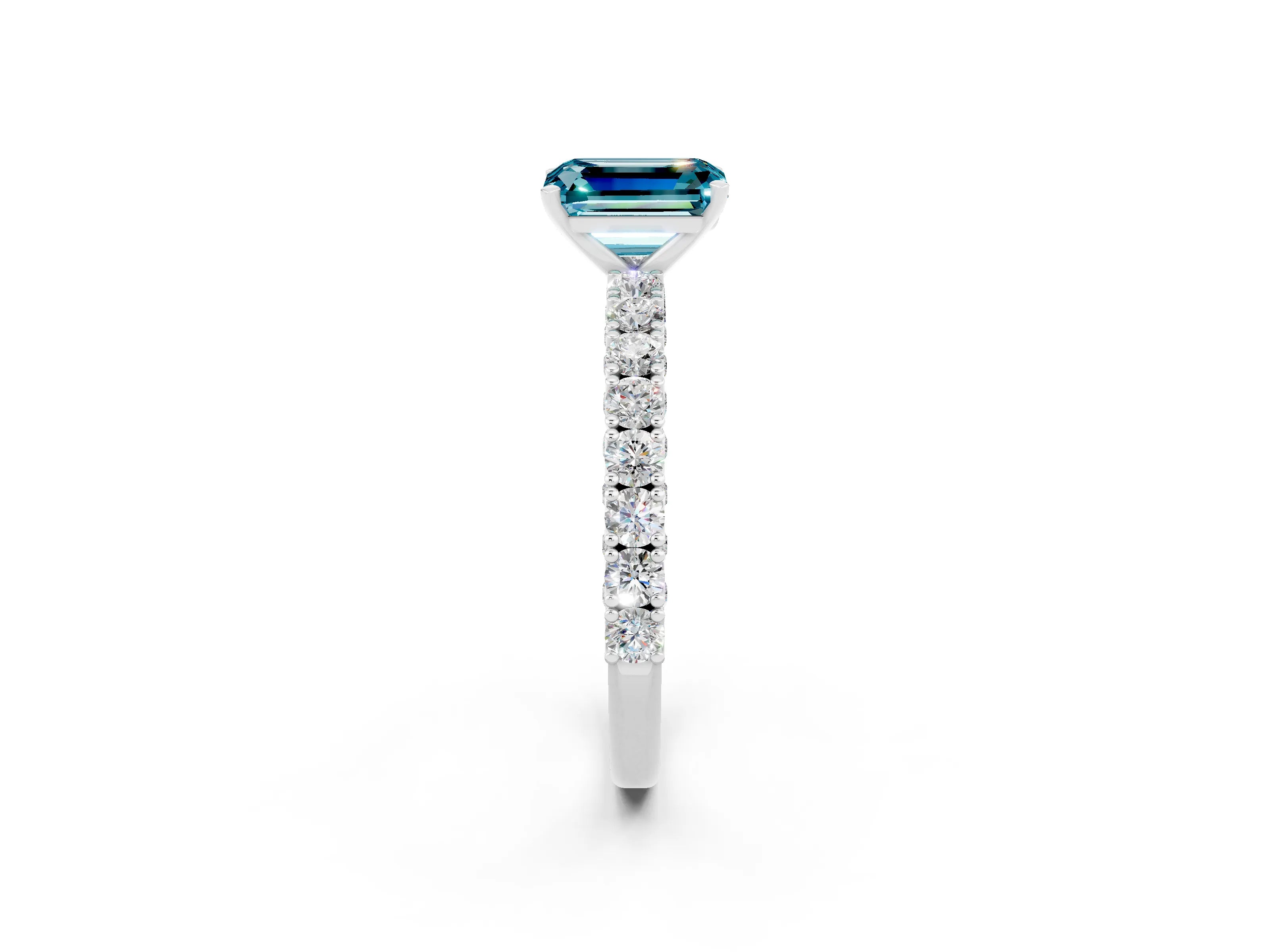 White gold Emerald Cut Diamond Pavé Band Solitaire Ring with Prong Setting_2