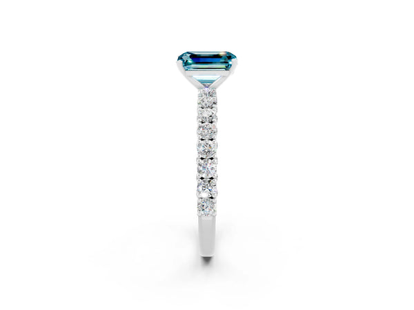 Silver Emerald Cut Diamond Pavé Band Solitaire Ring with Prong Setting