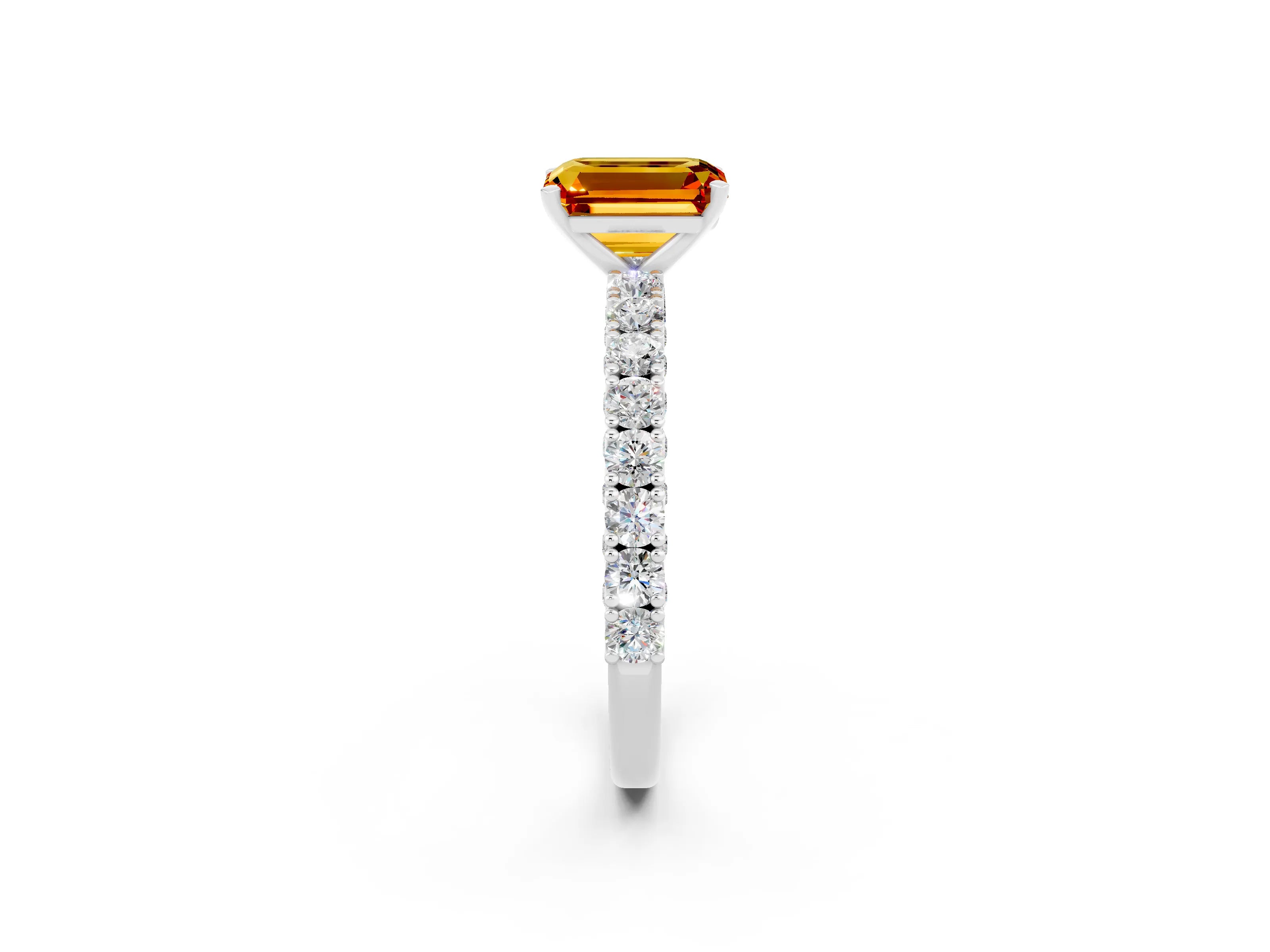 White gold Emerald Cut Diamond Pavé Band Solitaire Ring with Prong Setting_2