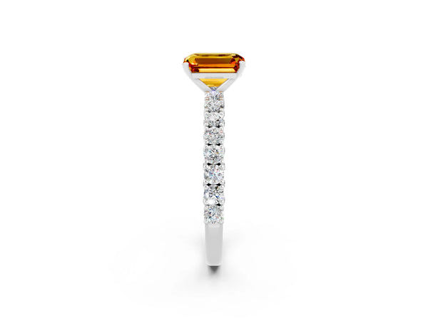 White gold Emerald Cut Diamond Pavé Band Solitaire Ring with Prong Setting