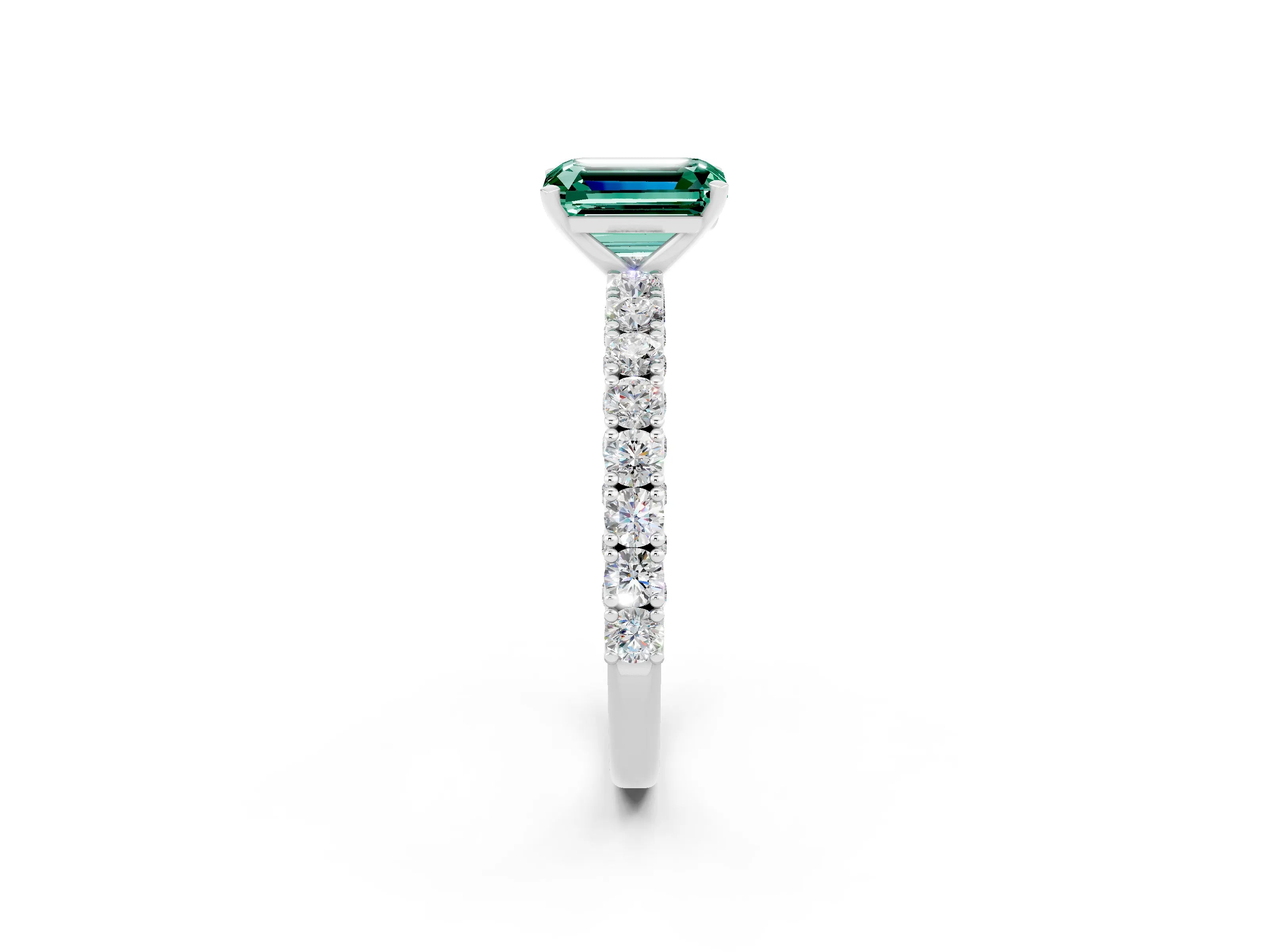 White gold Emerald Cut Diamond Pavé Band Solitaire Ring with Prong Setting_2
