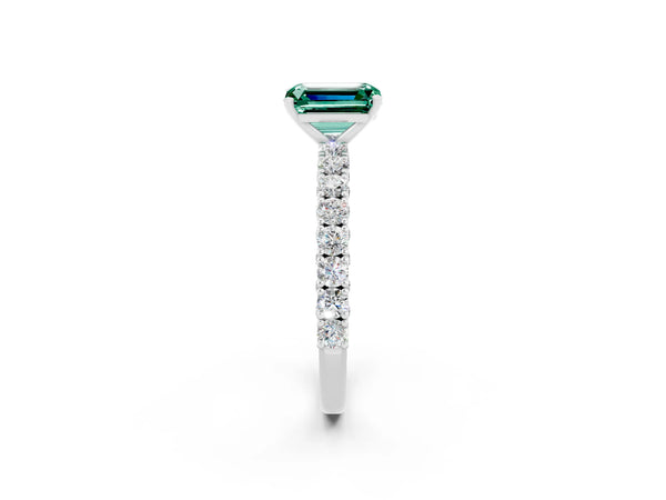White gold Emerald Cut Diamond Pavé Band Solitaire Ring with Prong Setting