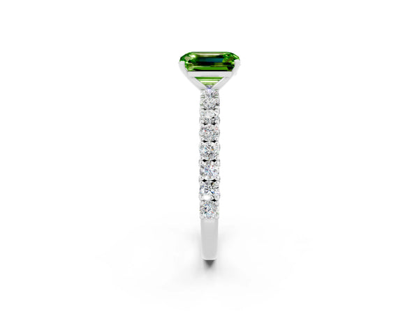 White gold Emerald Cut Diamond Pavé Band Solitaire Ring with Prong Setting