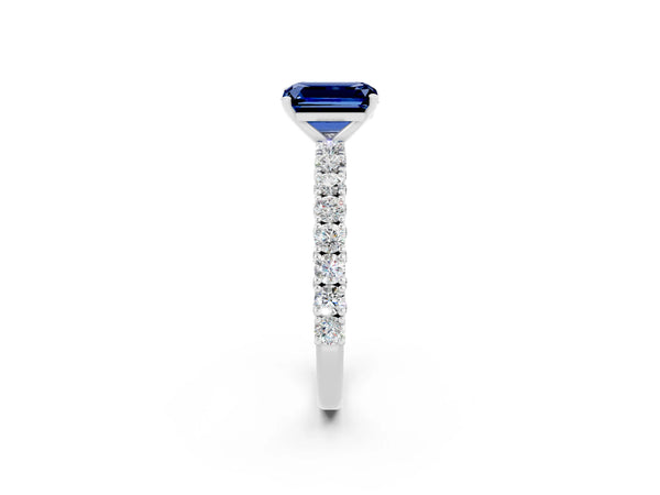 Platinum Emerald Cut Diamond Pavé Band Solitaire Ring with Prong Setting
