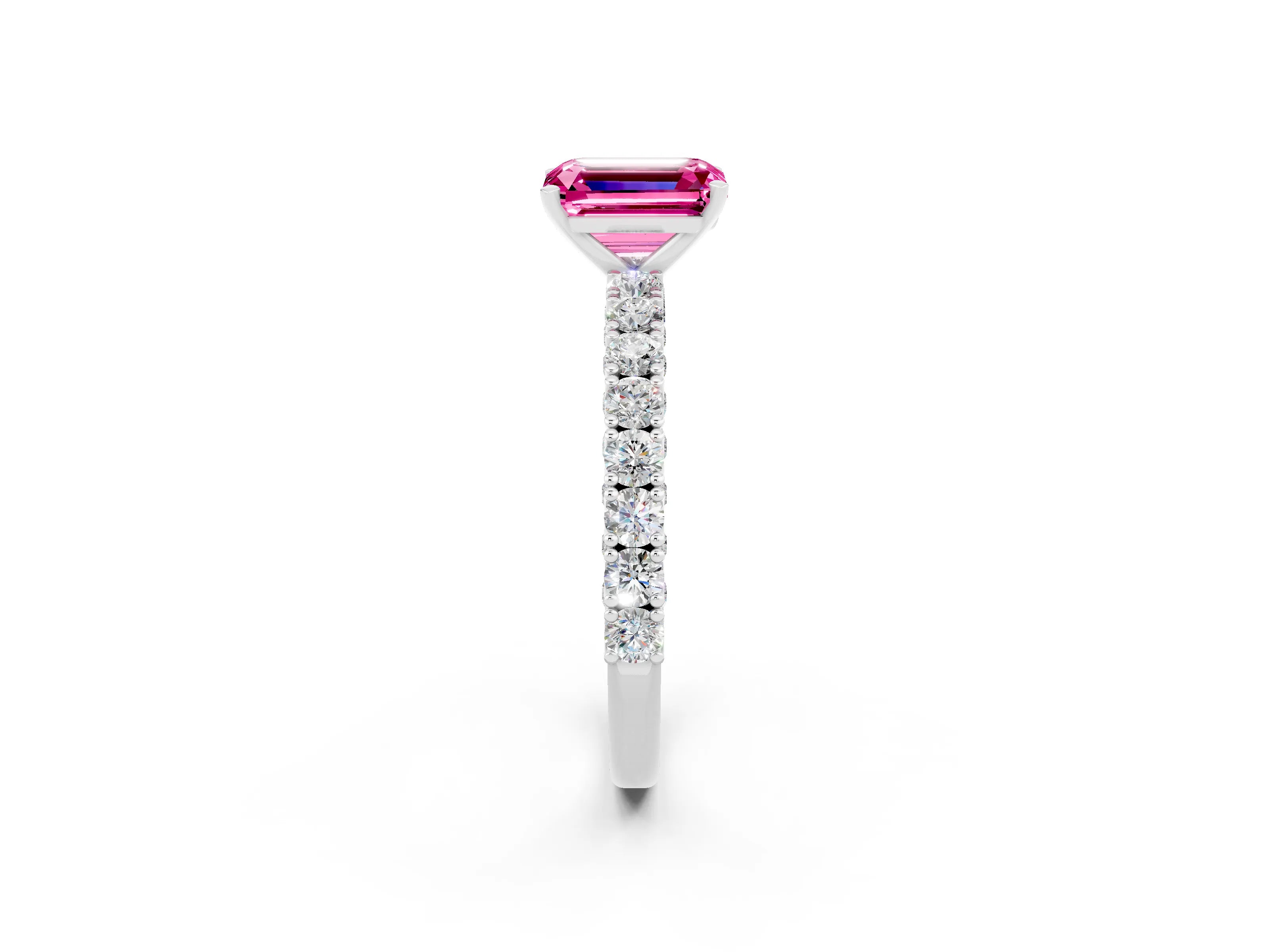 White gold Emerald Cut Diamond Pavé Band Solitaire Ring with Prong Setting_2