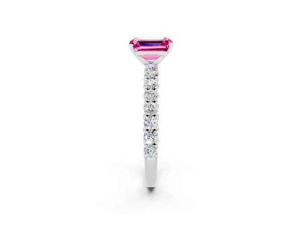 White gold Emerald Cut Diamond Pavé Band Solitaire Ring with Prong Setting