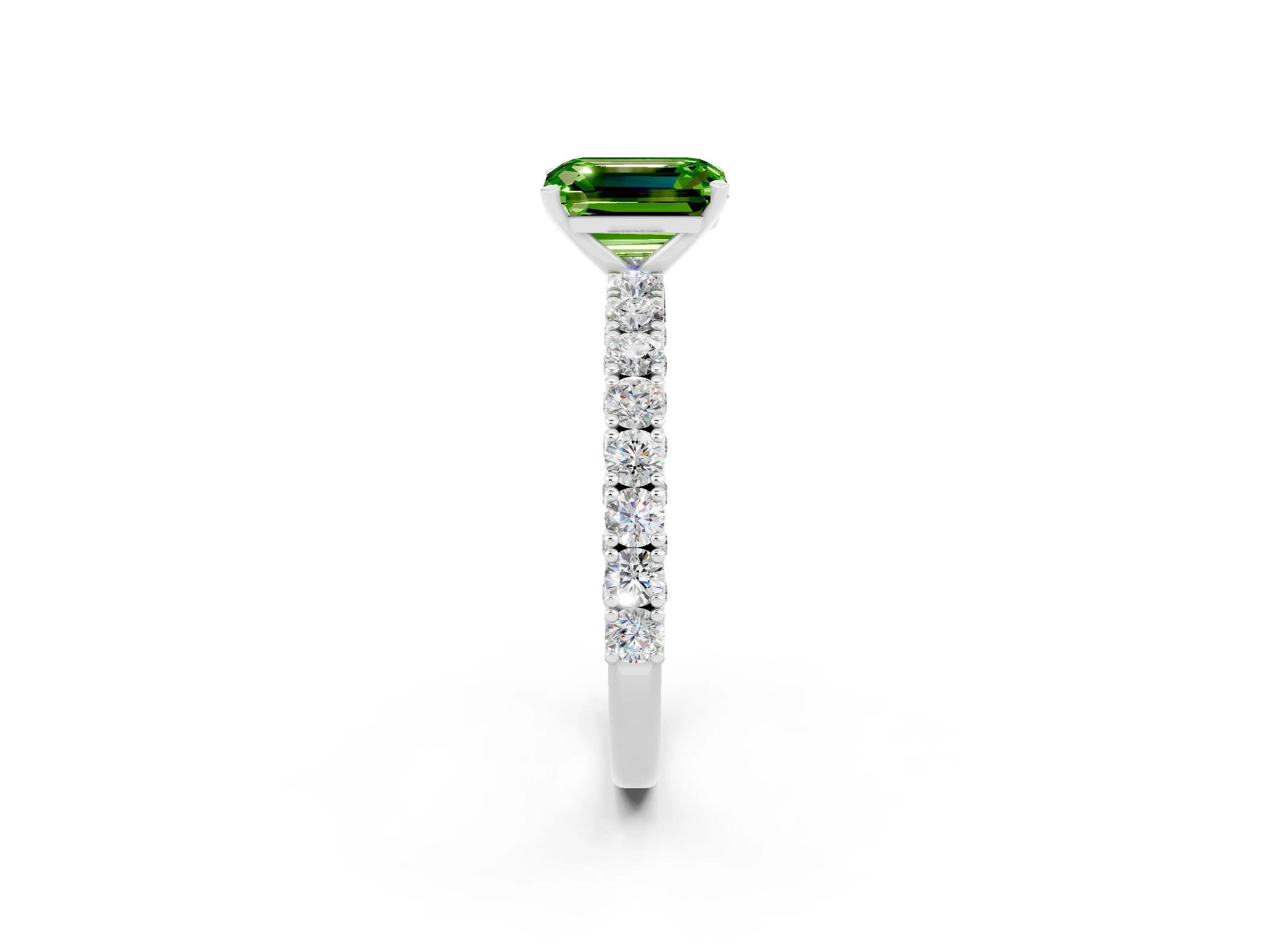 White gold Emerald Cut Diamond Pavé Band Solitaire Ring with Prong Setting_2