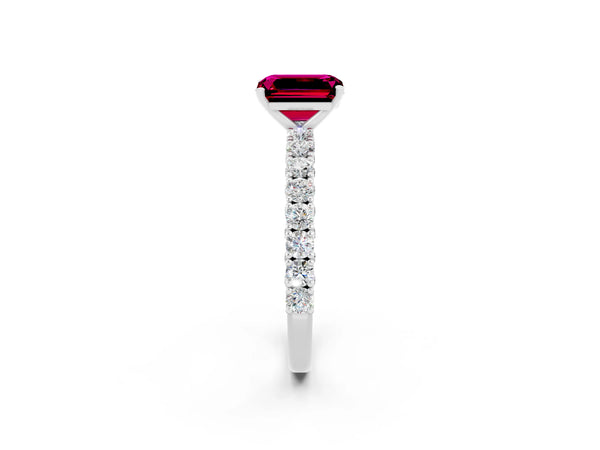 Platinum Emerald Cut Diamond Pavé Band Solitaire Ring with Prong Setting