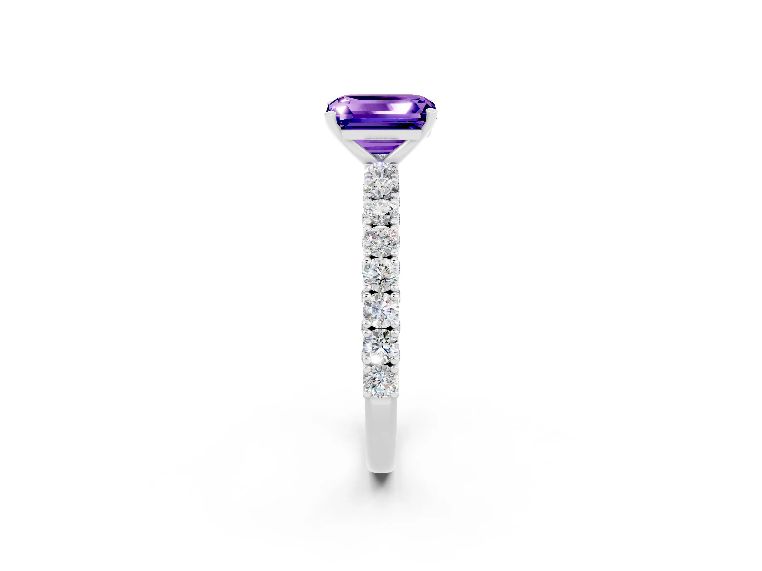 White gold Emerald Cut Diamond Pavé Band Solitaire Ring with Prong Setting_2