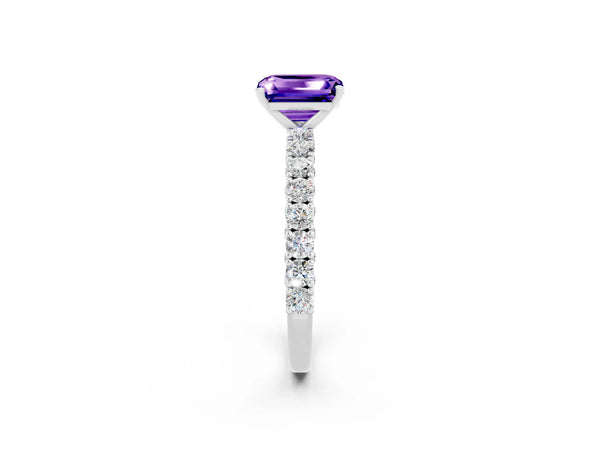 Platinum Emerald Cut Diamond Pavé Band Solitaire Ring with Prong Setting