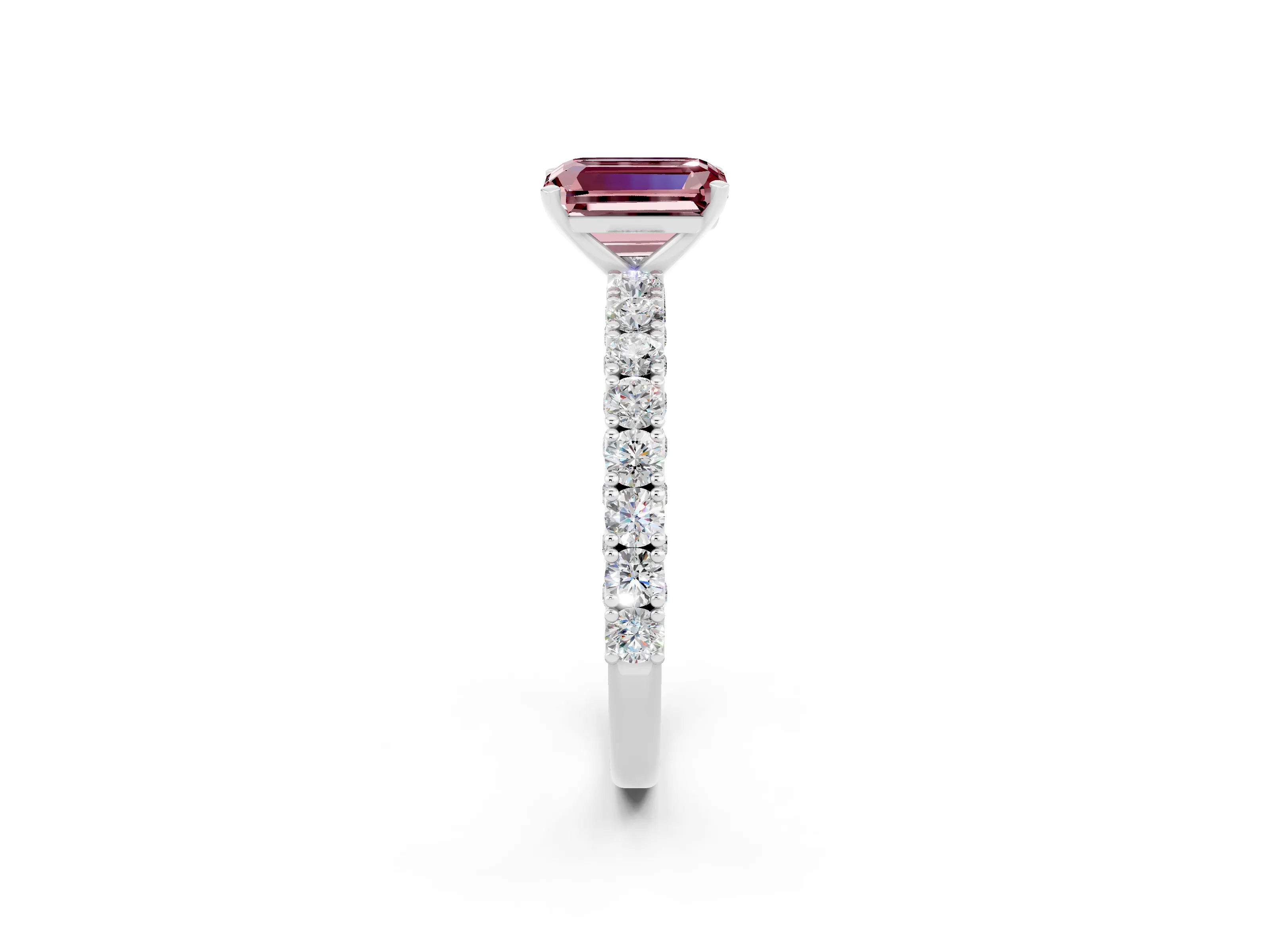 White gold Emerald Cut Diamond Pavé Band Solitaire Ring with Prong Setting_2