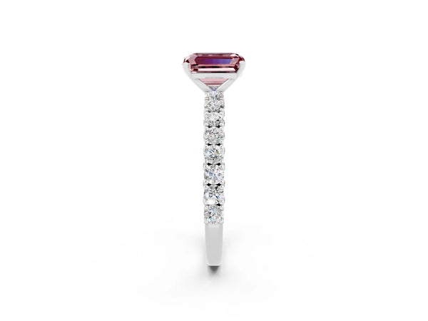 Platinum Emerald Cut Diamond Pavé Band Solitaire Ring with Prong Setting