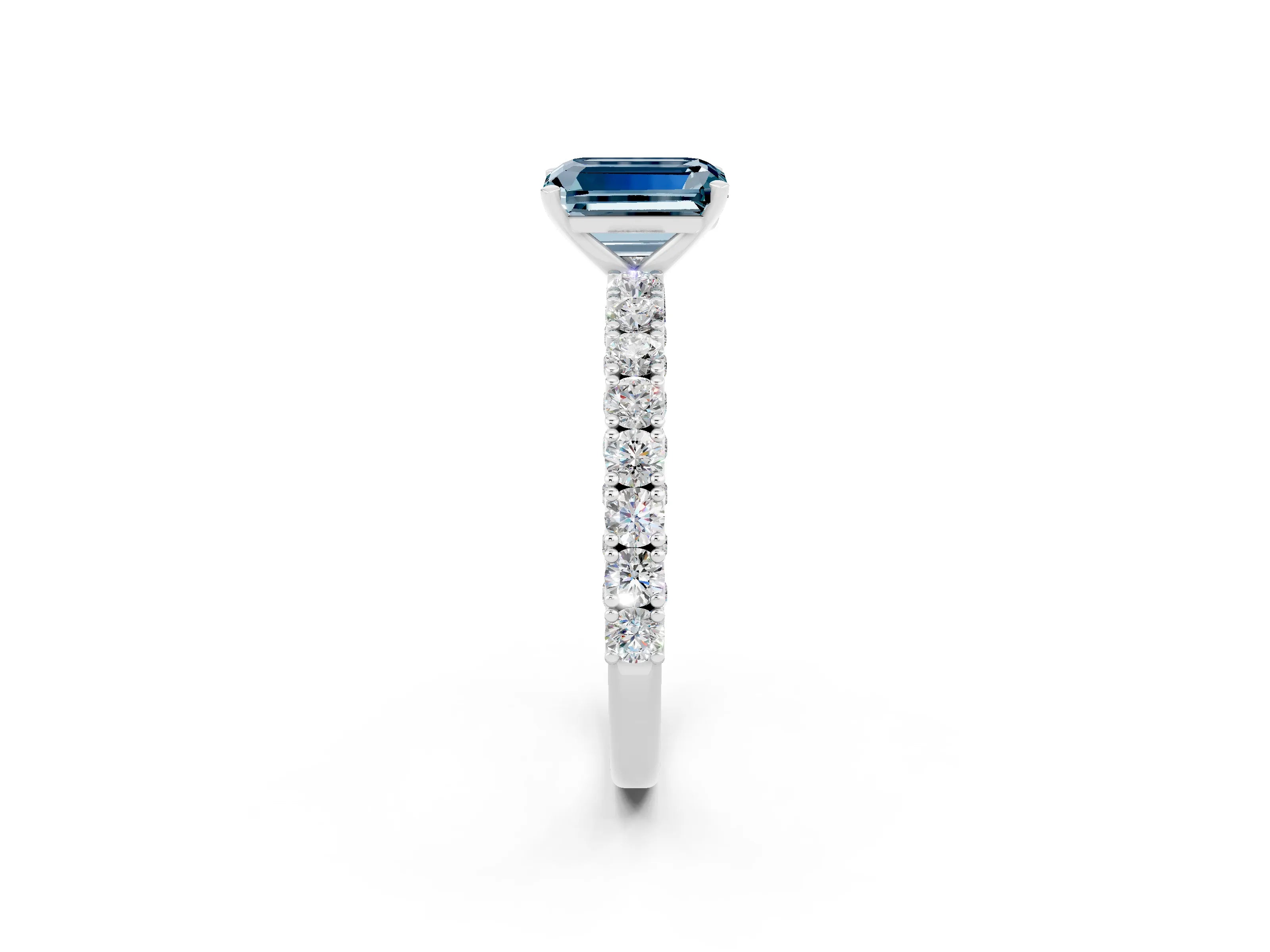 White gold Emerald Cut Diamond Pavé Band Solitaire Ring with Prong Setting_2