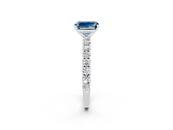 Platinum Emerald Cut Diamond Pavé Band Solitaire Ring with Prong Setting