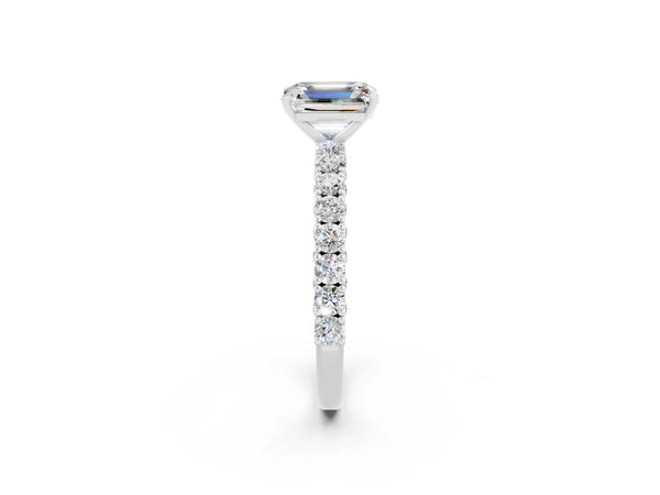 Silver Emerald Cut Diamond Pavé Band Solitaire Ring with Prong Setting