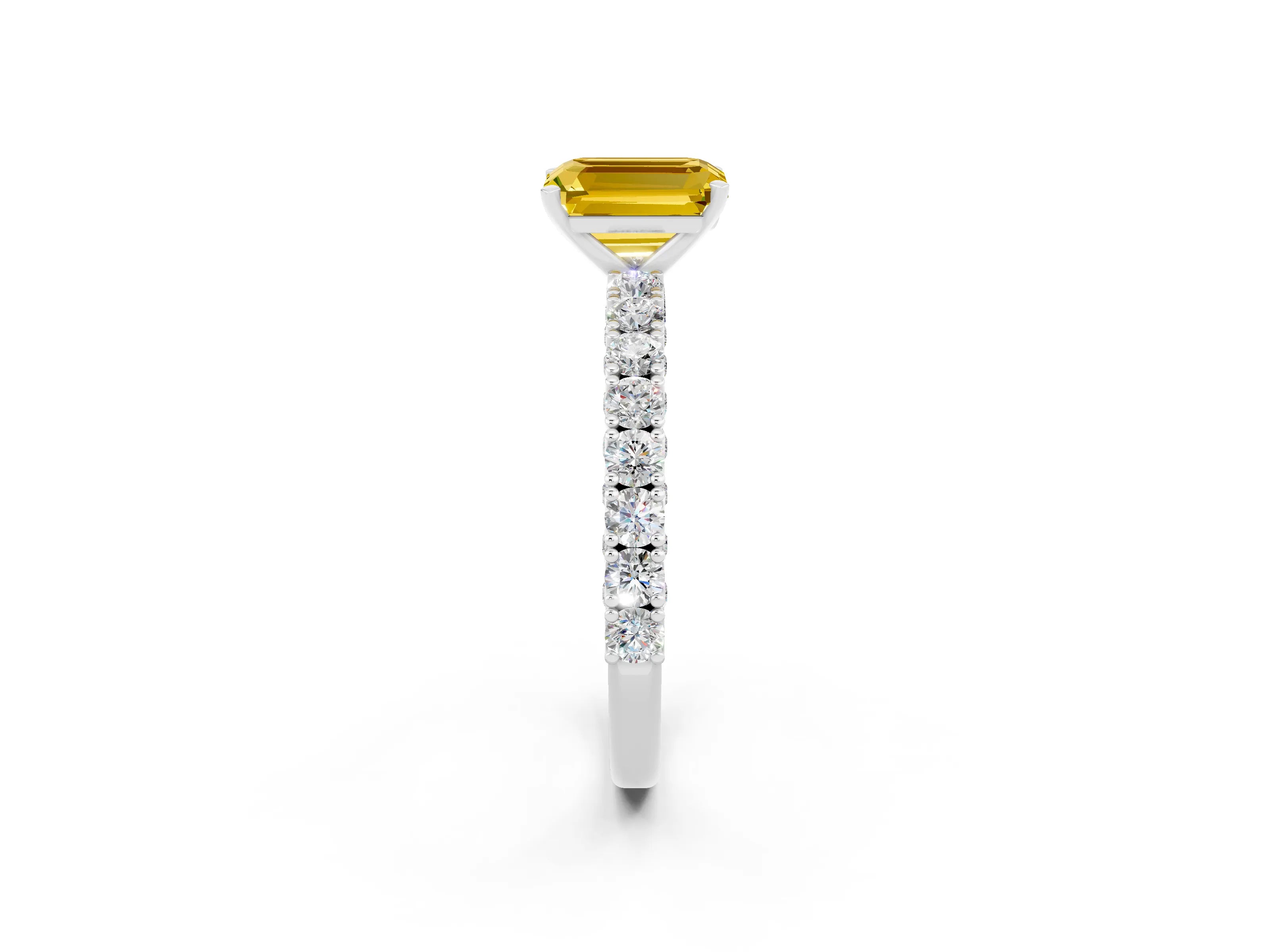 White gold Emerald Cut Diamond Pavé Band Solitaire Ring with Prong Setting_2