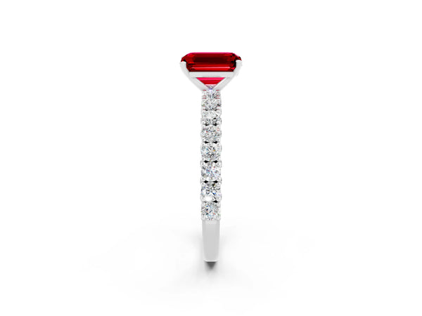 Platinum Emerald Cut Diamond Pavé Band Solitaire Ring with Prong Setting