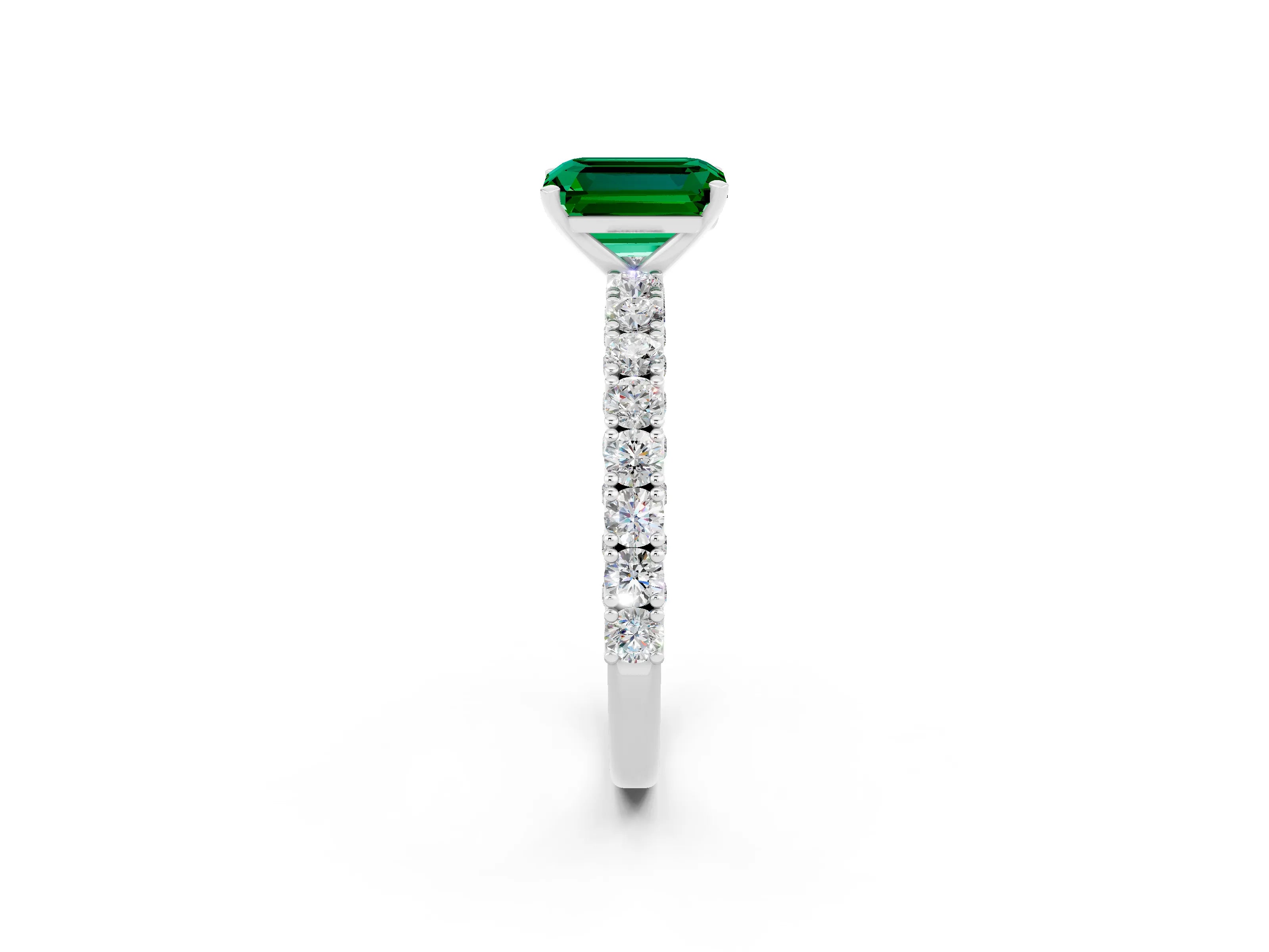 White gold Emerald Cut Diamond Pavé Band Solitaire Ring with Prong Setting_2