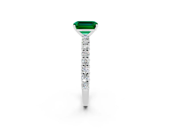 White gold Emerald Cut Diamond Pavé Band Solitaire Ring with Prong Setting