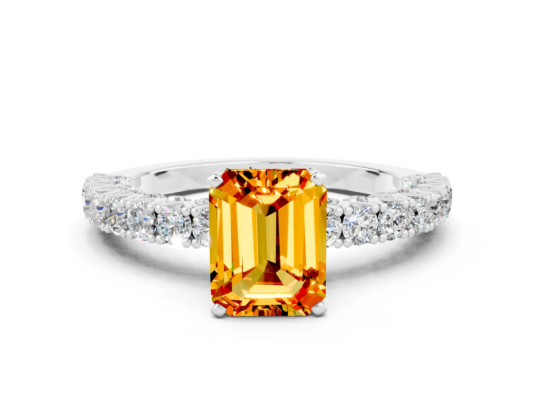 White gold Emerald Cut Diamond Pavé Band Solitaire Ring with Prong Setting