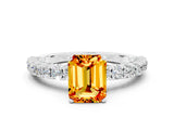 White gold Emerald Cut Diamond Pavé Band Solitaire Ring with Prong Setting