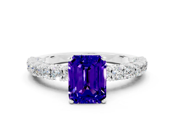 Silver Emerald Cut Diamond Pavé Band Solitaire Ring with Prong Setting