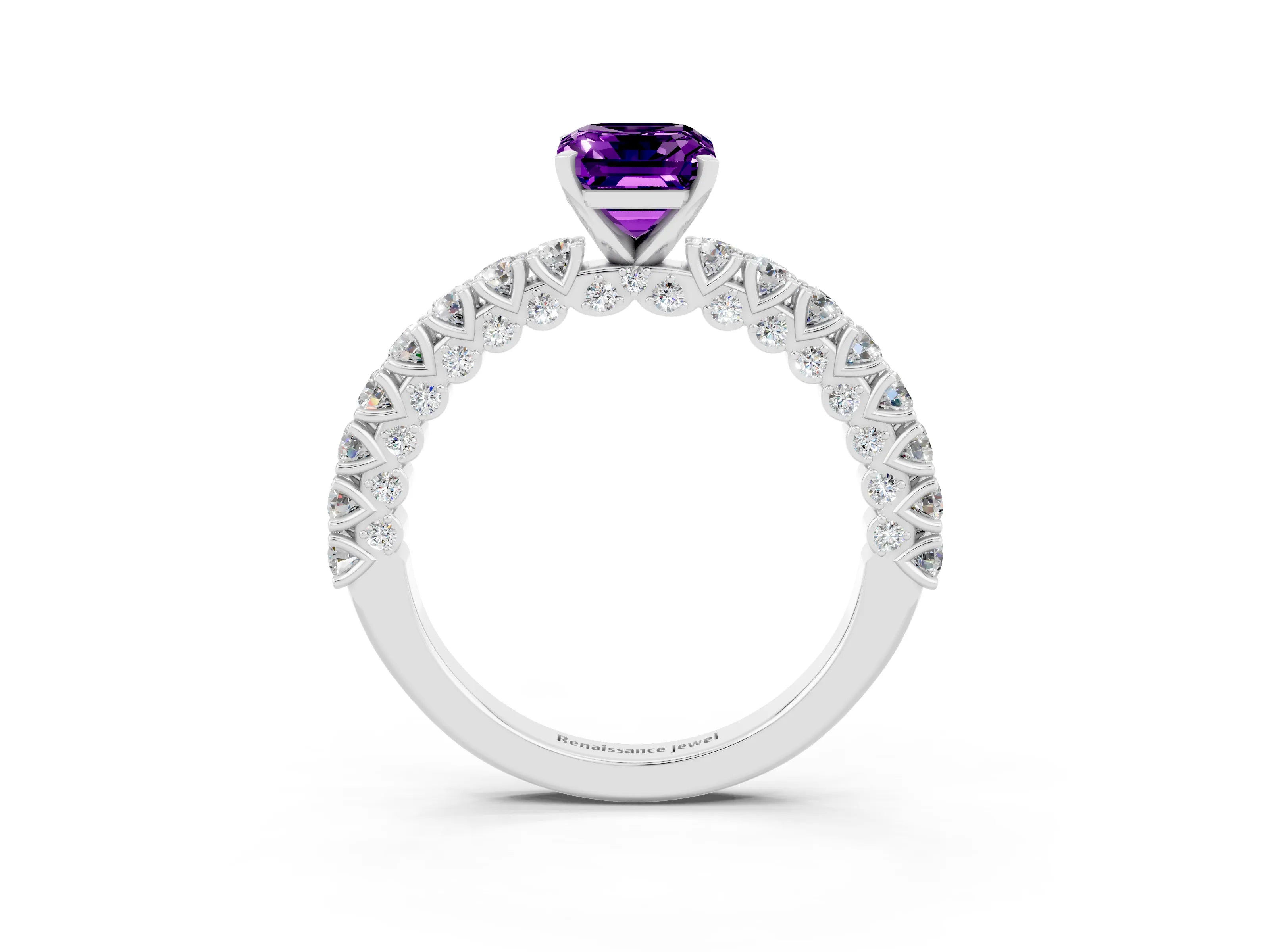 White gold Emerald Cut Diamond Pavé Band Solitaire Ring with Prong Setting_3