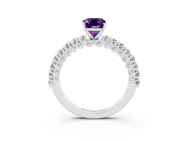 Silver Emerald Cut Amethyst Solitaire Ring with Round Accent Pavé Band and Prong Setting